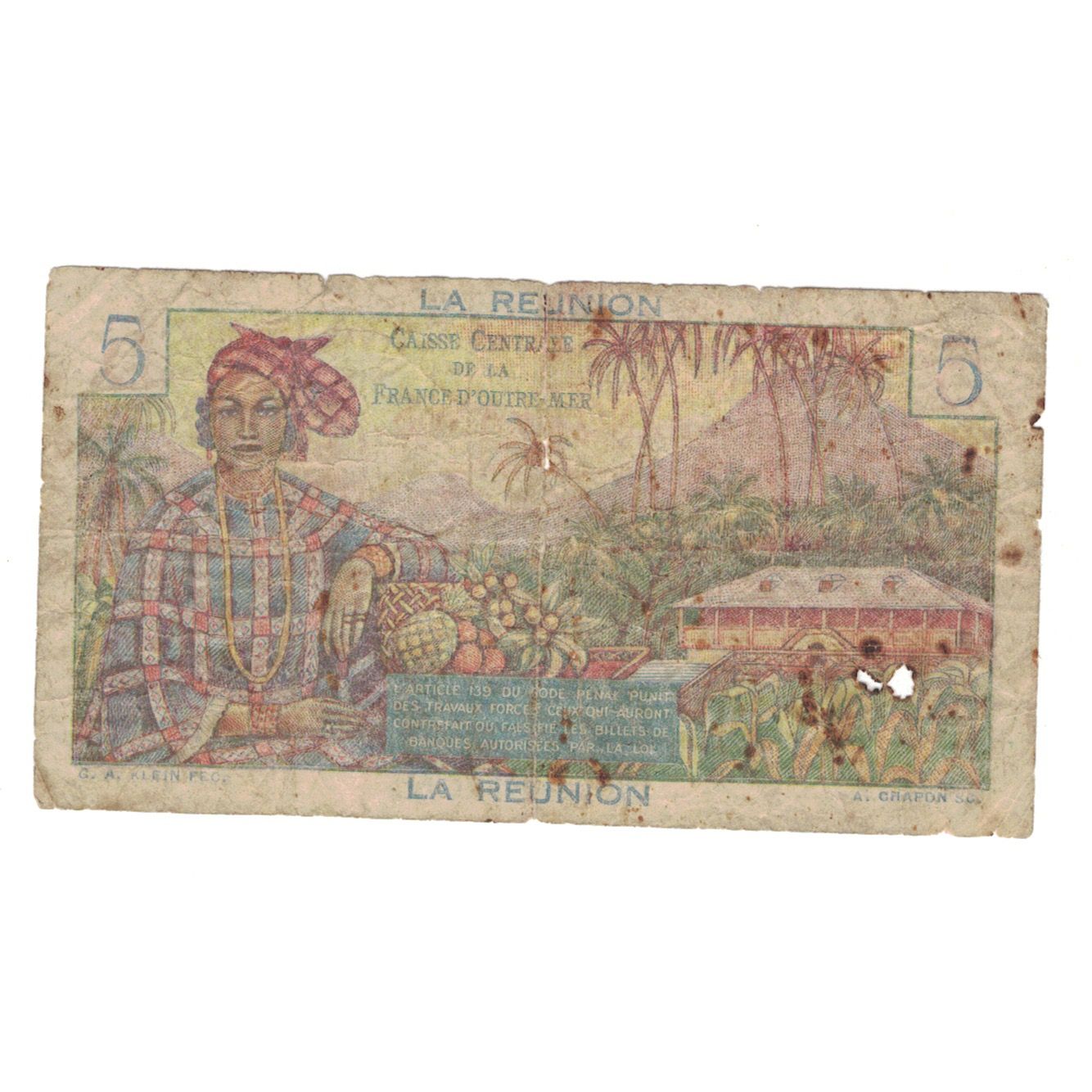 Réunion, 5 Francs, Undated (1947), 37854, VG(8-10), KM:41a