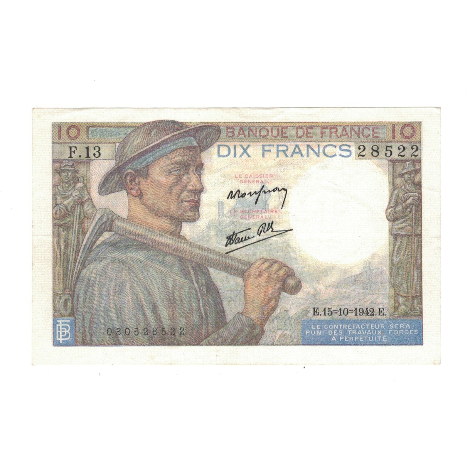 France, 10 Francs, Mineur, 1942, F.13, UNC(63), Fayette:8.4, KM:99d