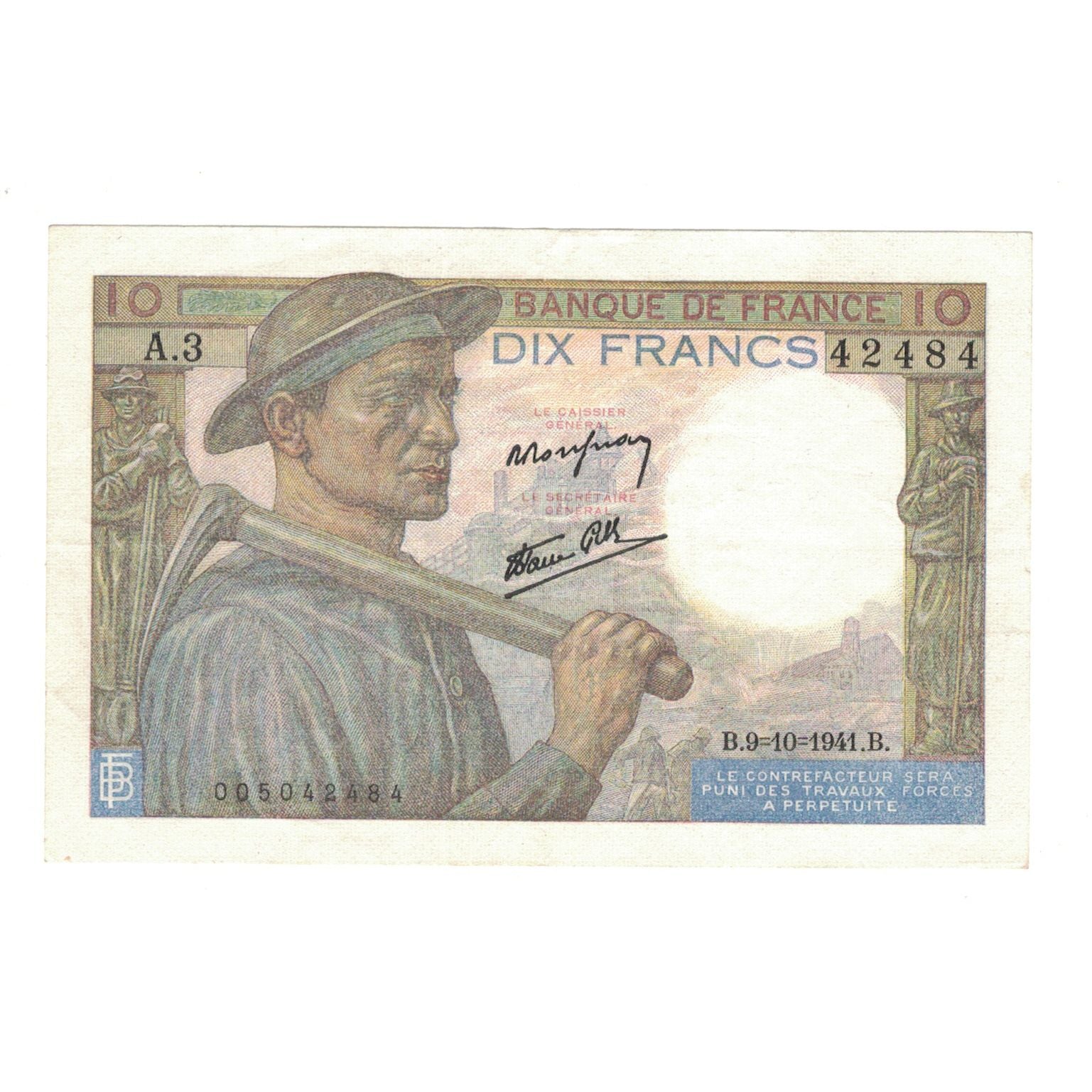 France, 10 Francs, Mineur, 1941, A.3 42484, TTB+, Fayette:8.2, KM:99b