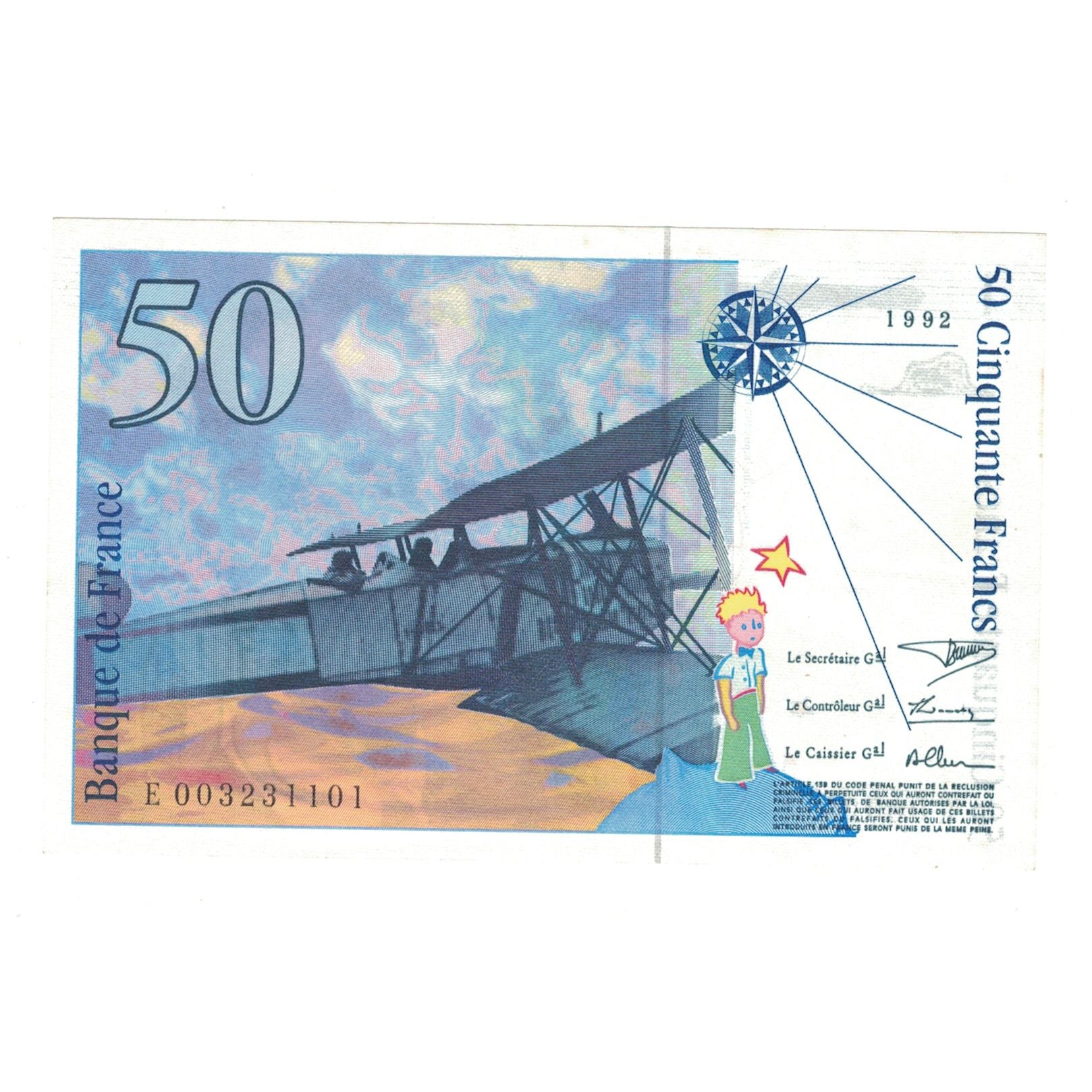 France, 50 Francs, St Exupéry, 1992, E 0032311001, AU(55-58), Fayette:72.1b