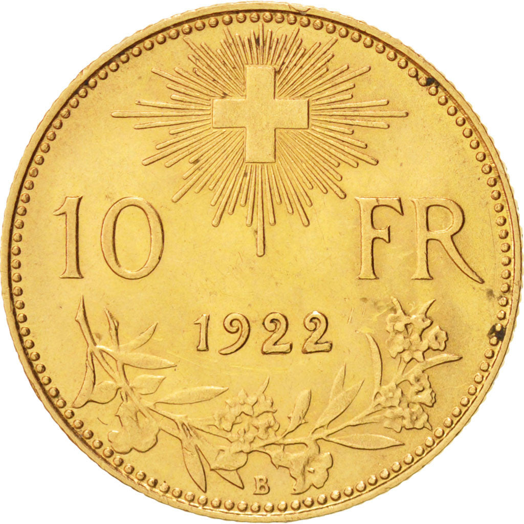 SWITZERLAND, 10 Francs, 1922, Bern, KM #36, AU(55-58), Gold, 3.23