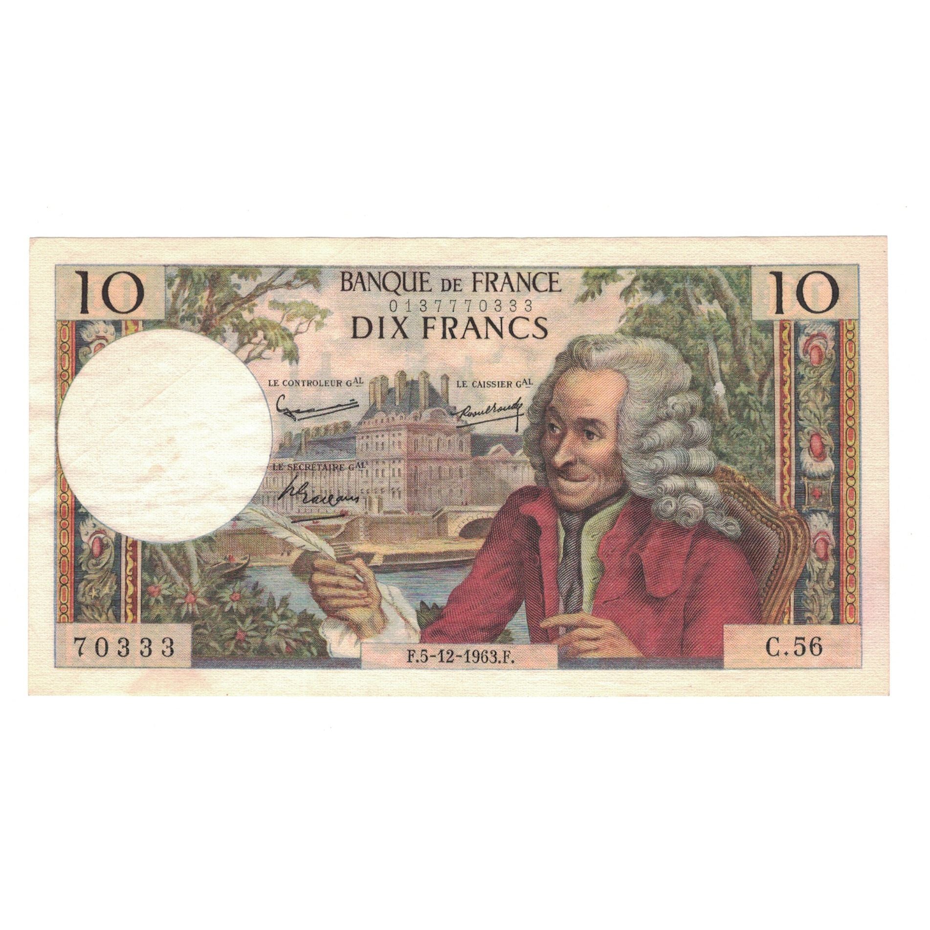 France, 10 Francs, Voltaire, 1963, C.56 70333, AU(50-53), Fayette:62.6, KM:147a