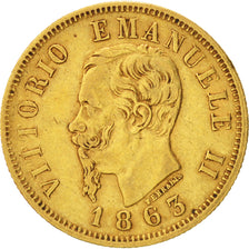 ITALY, 10 Lire, 1863, Torino, KM #9.3, EF(40-45), Gold, 19, 3.21