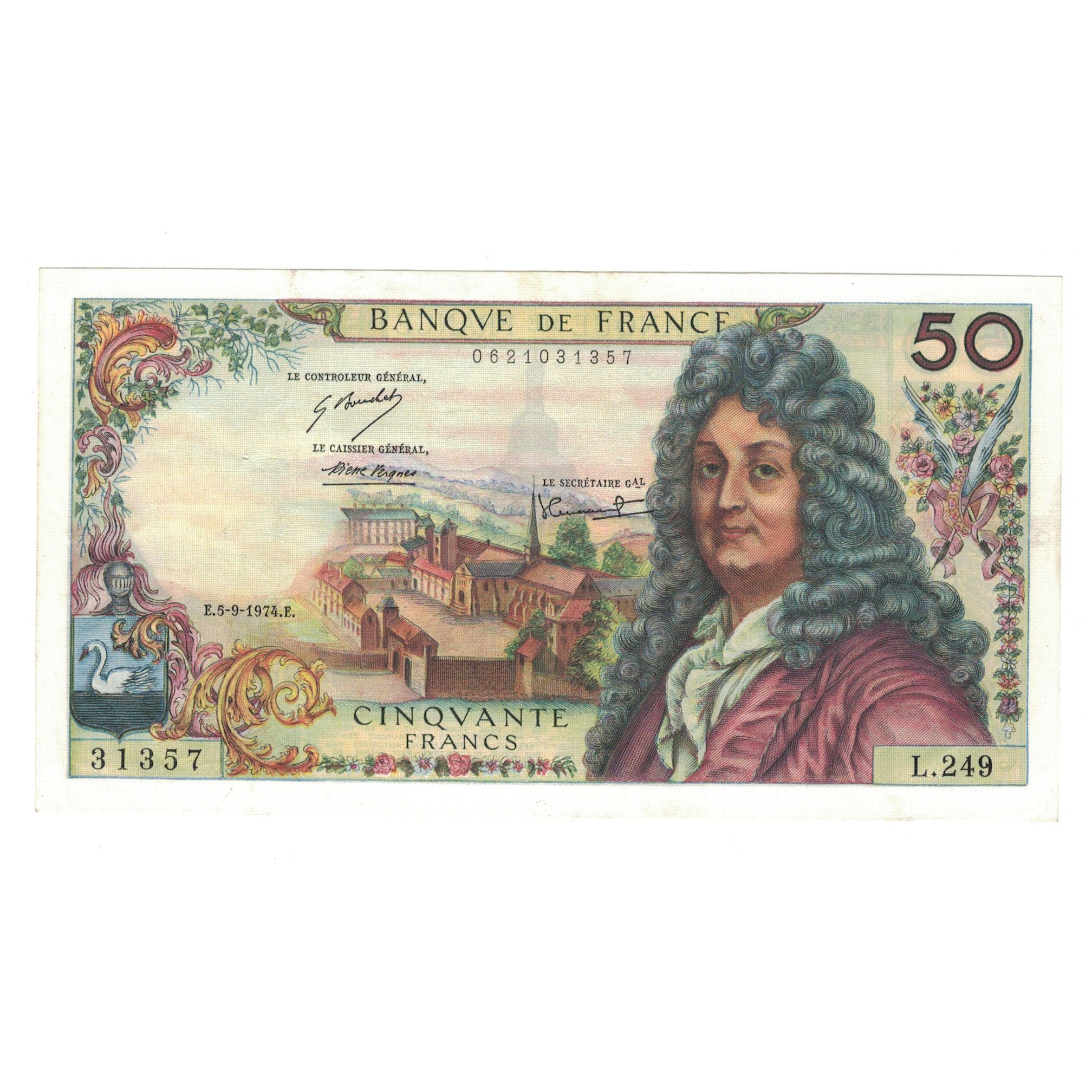 France, 50 Francs, Racine, 1974, L.249, AU(50-53), Fayette:64.27, KM:148d