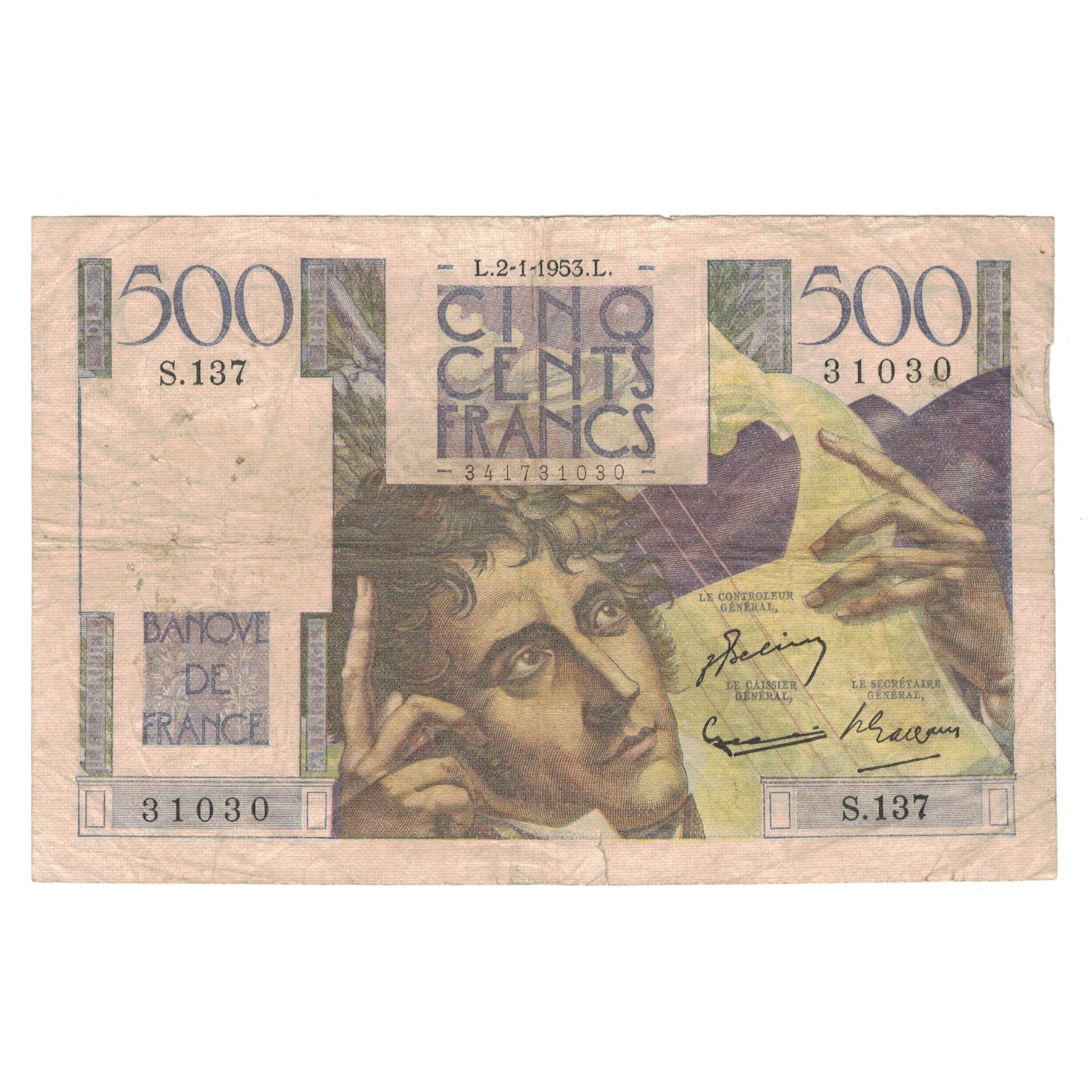 França, 500 Francs, Chateaubriand, 1953, S.137, VF(20-25), Fayette:34.11