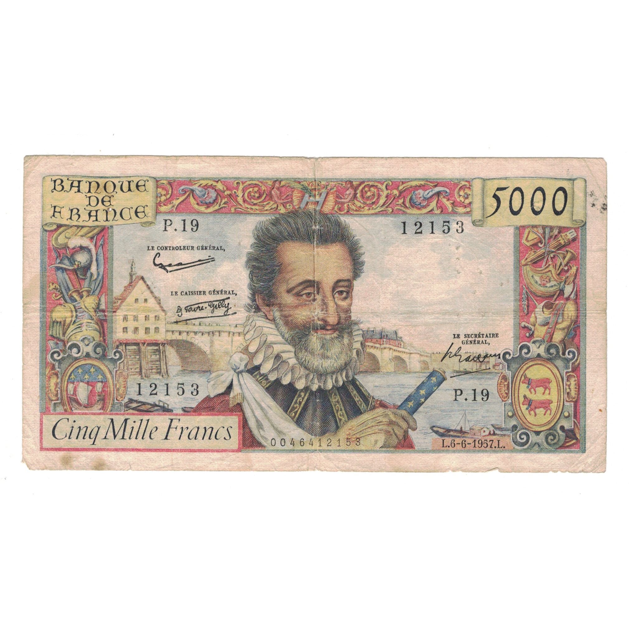 France, 5000 Francs, Henri IV, 1957, P.19 12153, VF(20-25), Fayette:49.2
