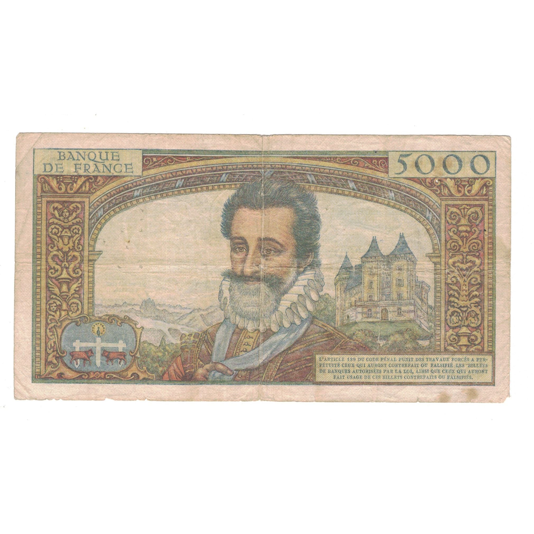 France, 5000 Francs, Henri IV, 1957, P.19 12153, VF(20-25), Fayette:49.2