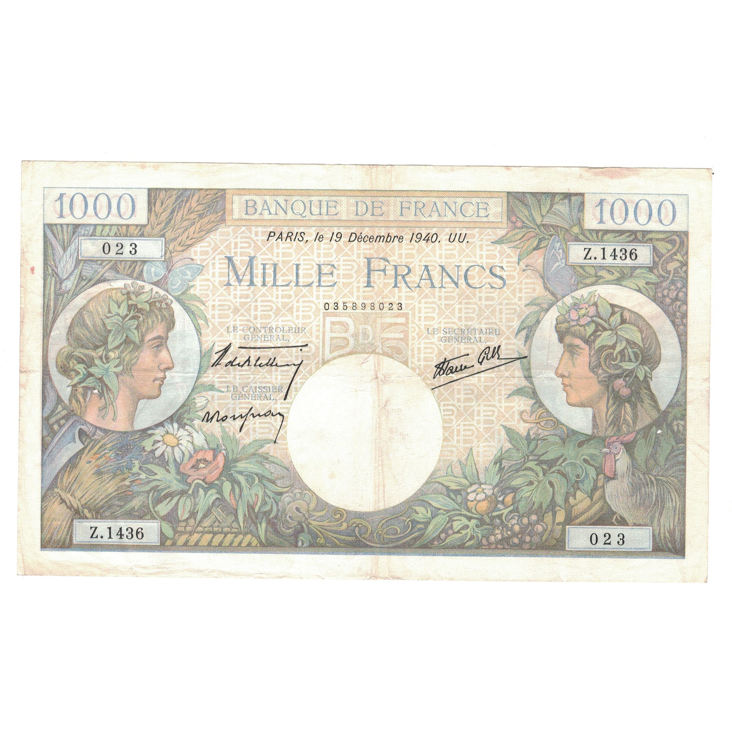 France, 1000 Francs, Commerce et Industrie, 1940, Z.1436, EF(40-45)