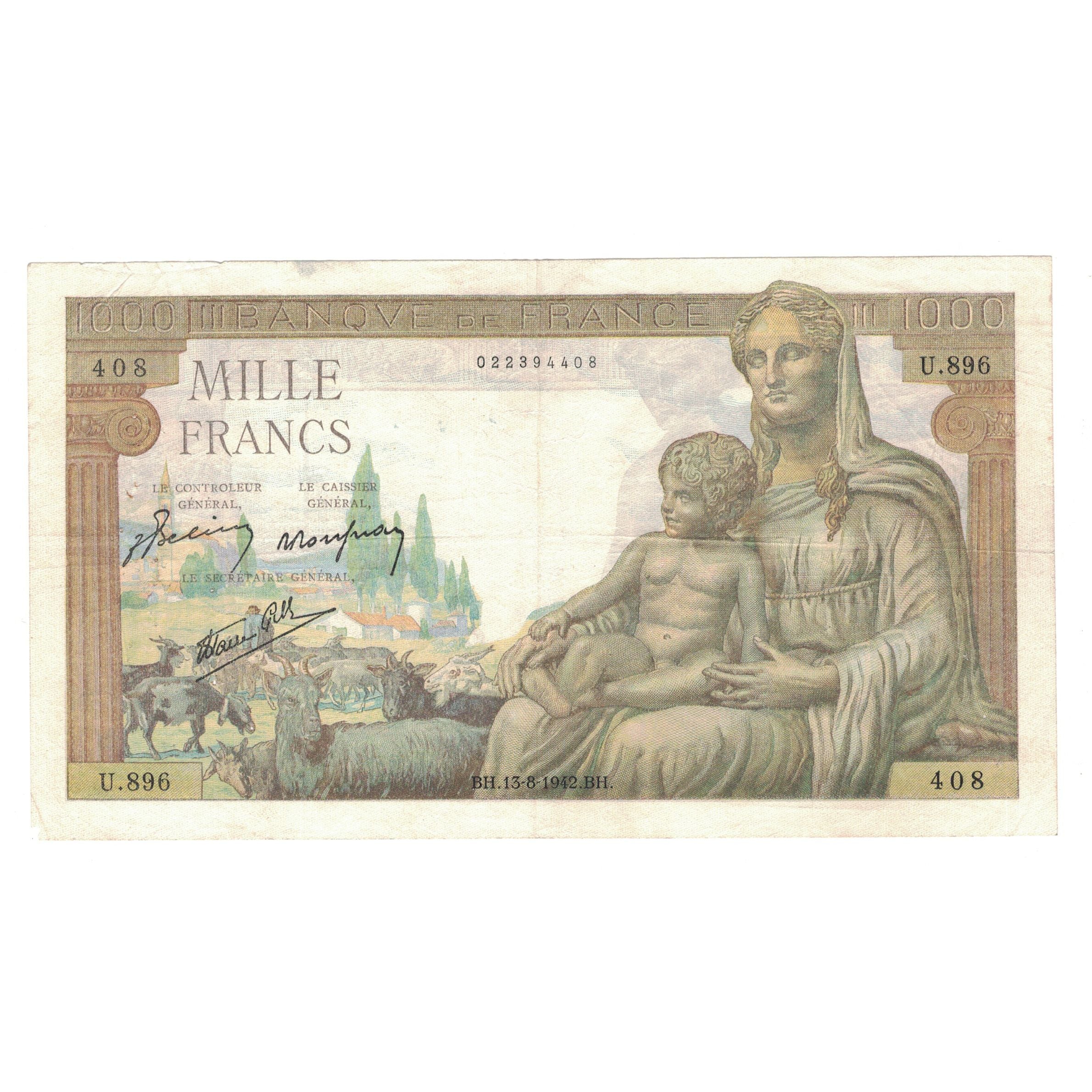 France, 1000 Francs, Déesse Déméter, 1942, U.896, EF(40-45), Fayette:40.4
