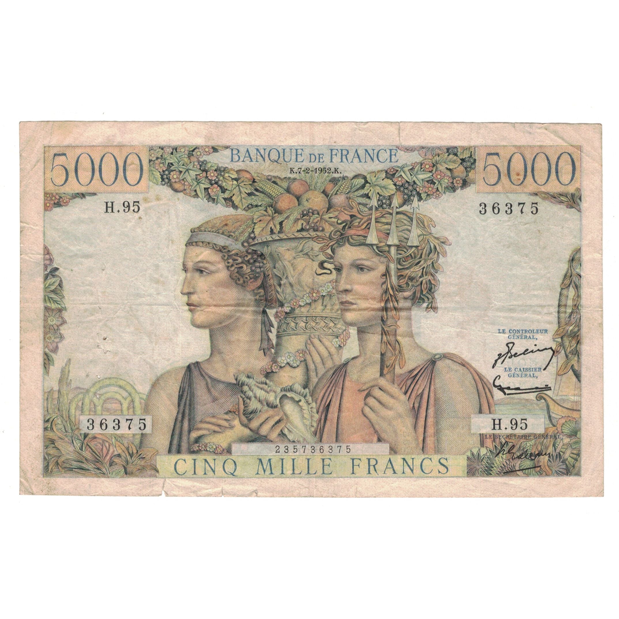 França, 5000 Francs, Terre et Mer, 1952, H.95 36375, VF(20-25), Fayette:48.6