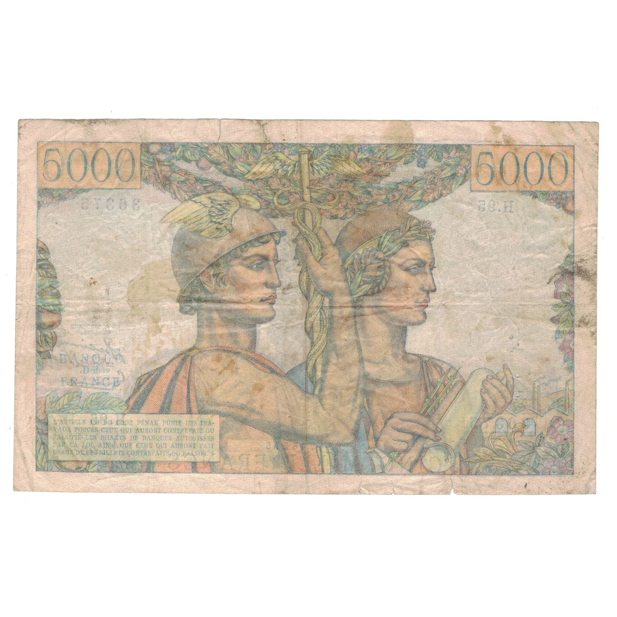 França, 5000 Francs, Terre et Mer, 1952, H.95 36375, VF(20-25), Fayette:48.6