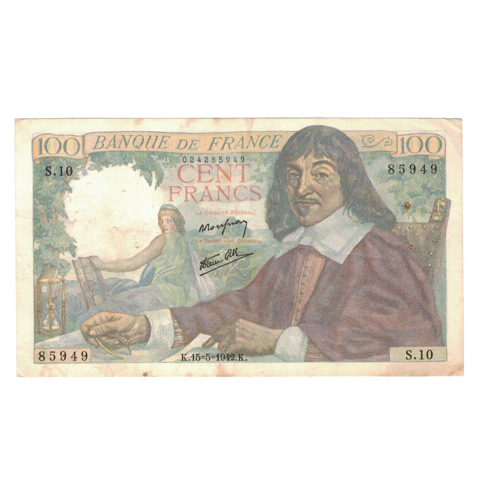 Francia, 100 Francs, Descartes, 1942, S.10 85949, BC+, Fayette:27.1, KM:101a