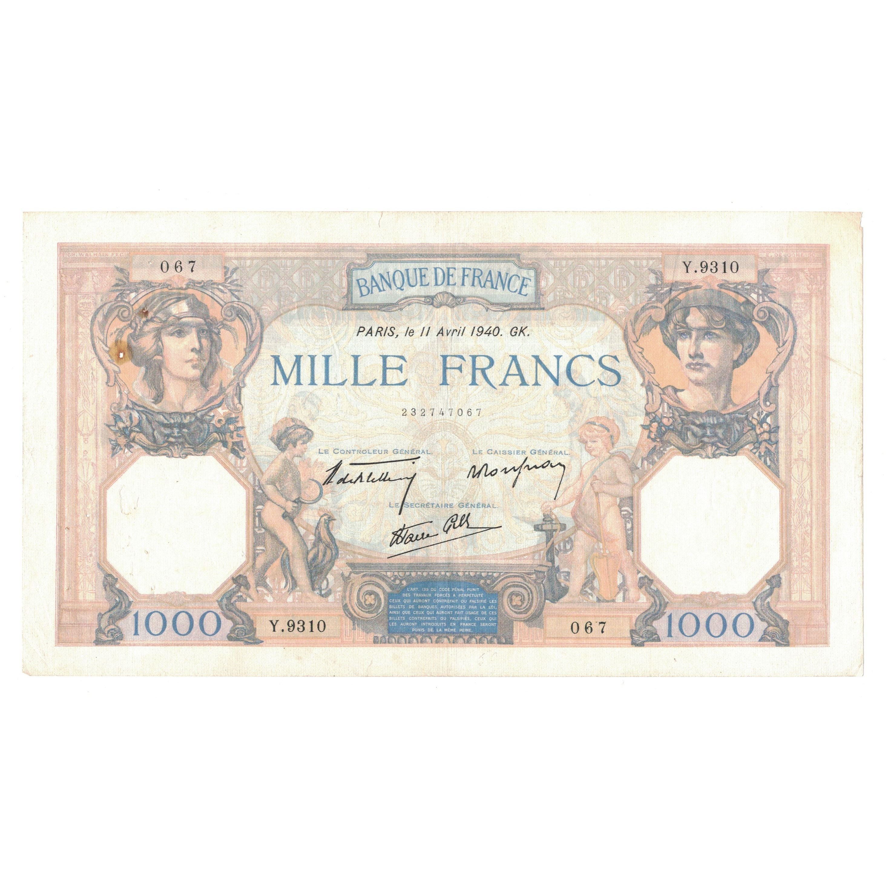 França, 1000 Francs, Cérès et Mercure, 1939, Y.9310, EF(40-45)