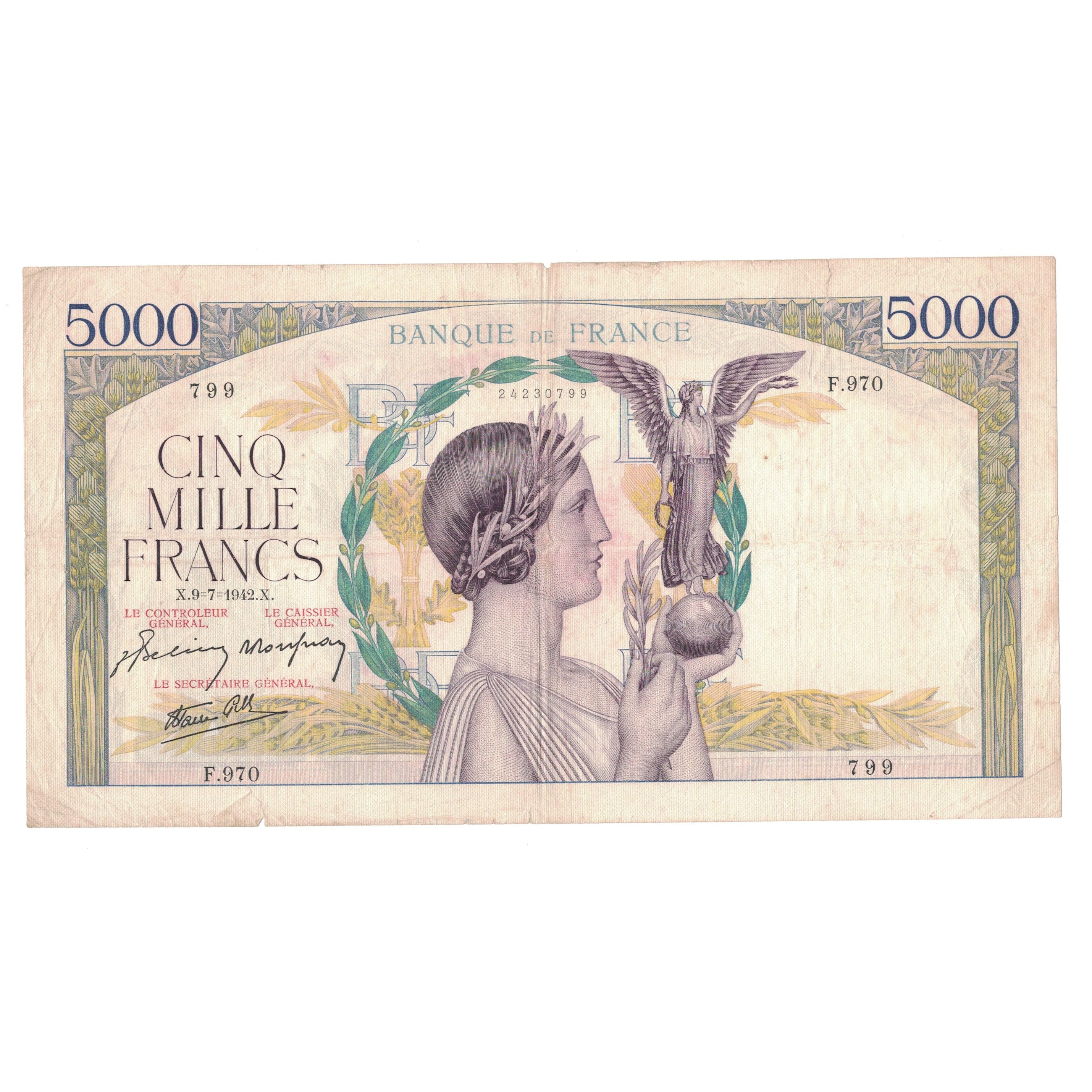 France, 5000 Francs, Victoire, 1942, F.970, TB+, Fayette:46.38, KM:97c