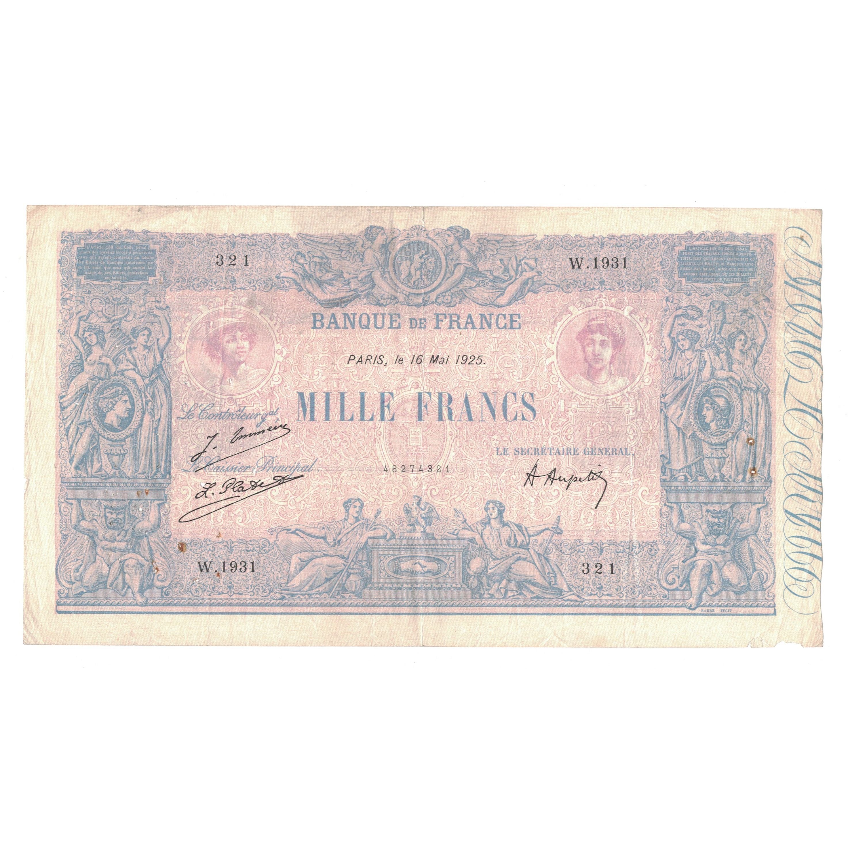 France, 1000 Francs, Bleu et Rose, 1925, W.1931, VF(30-35), Fayette:36.41
