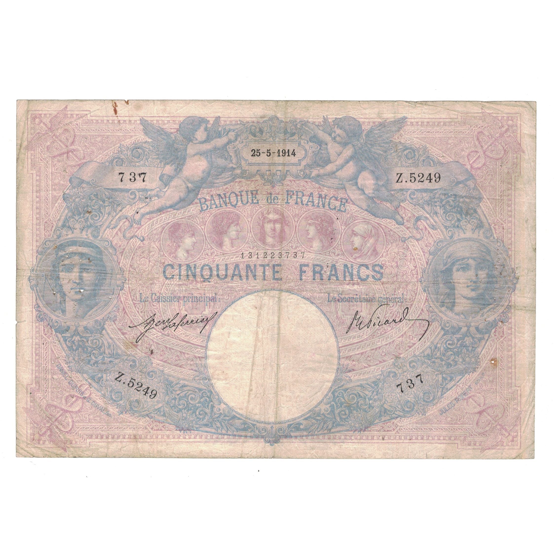 France, 50 Francs, Bleu et Rose, 1914, Z.5249, VF(20-25), Fayette:14.27, KM:64e