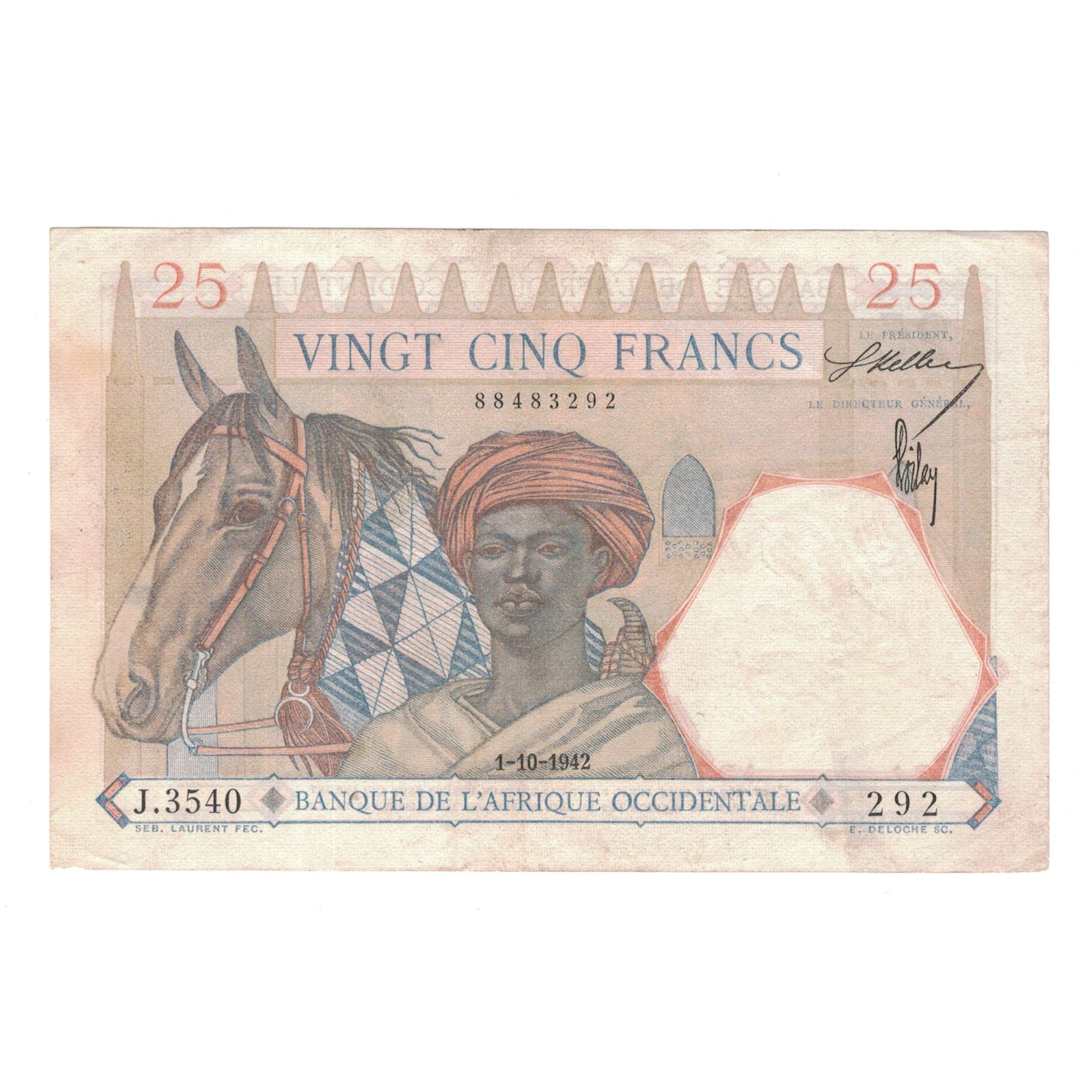 Billete, 25 Francs, 1942, África oriental francesa, 1942-10-01, KM:27, MBC