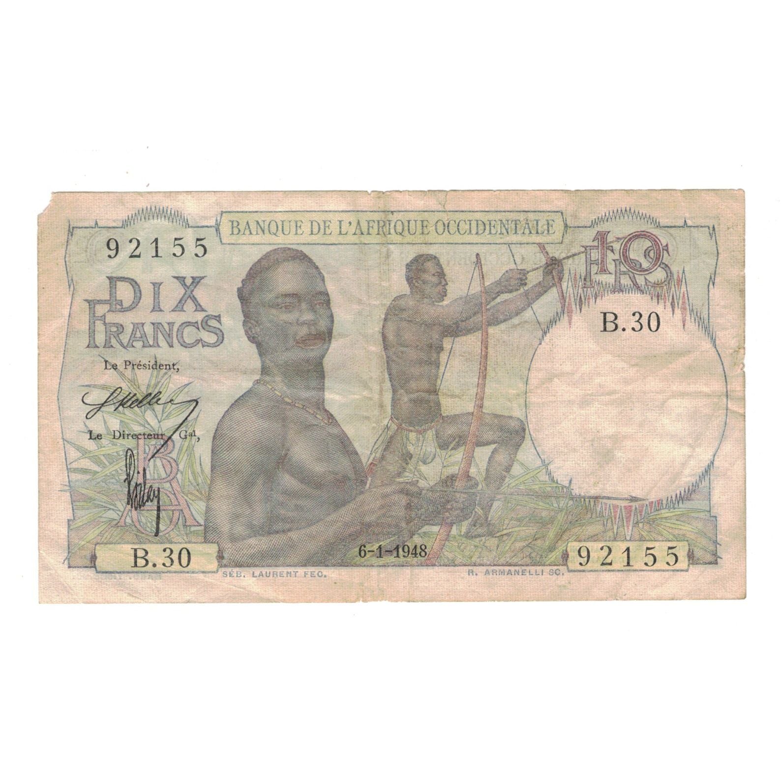 Nota, África Ocidental Francesa, 10 Francs, 1948, 1948-01-06, KM:37, VF(20-25)