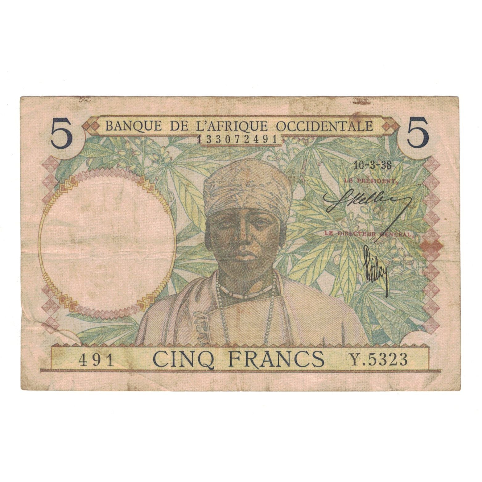Banknot, Francuska Afryka Zachodnia, 5 Francs, 1938, 1938-03-10, KM:21