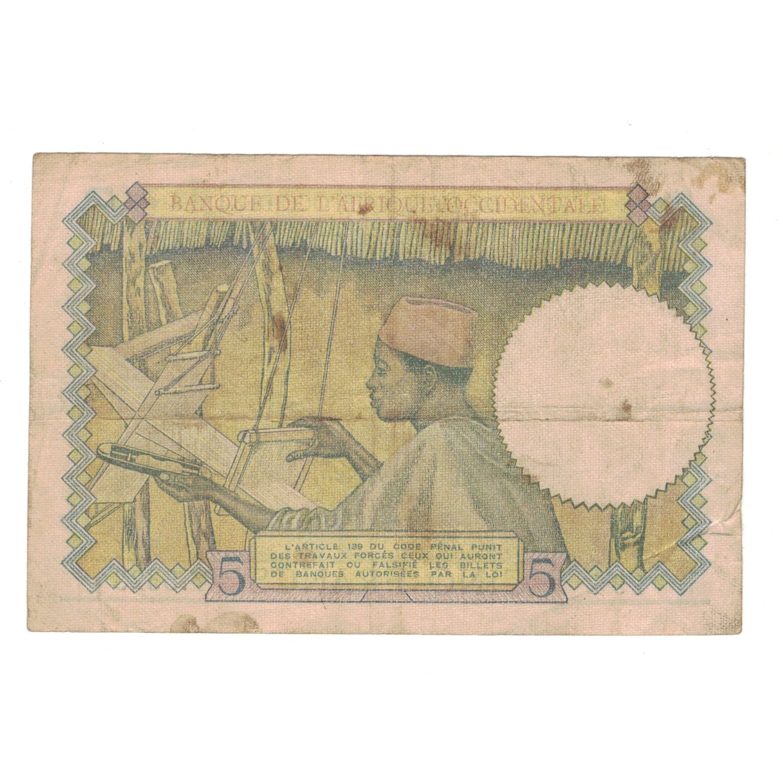 Banknot, Francuska Afryka Zachodnia, 5 Francs, 1938, 1938-03-10, KM:21
