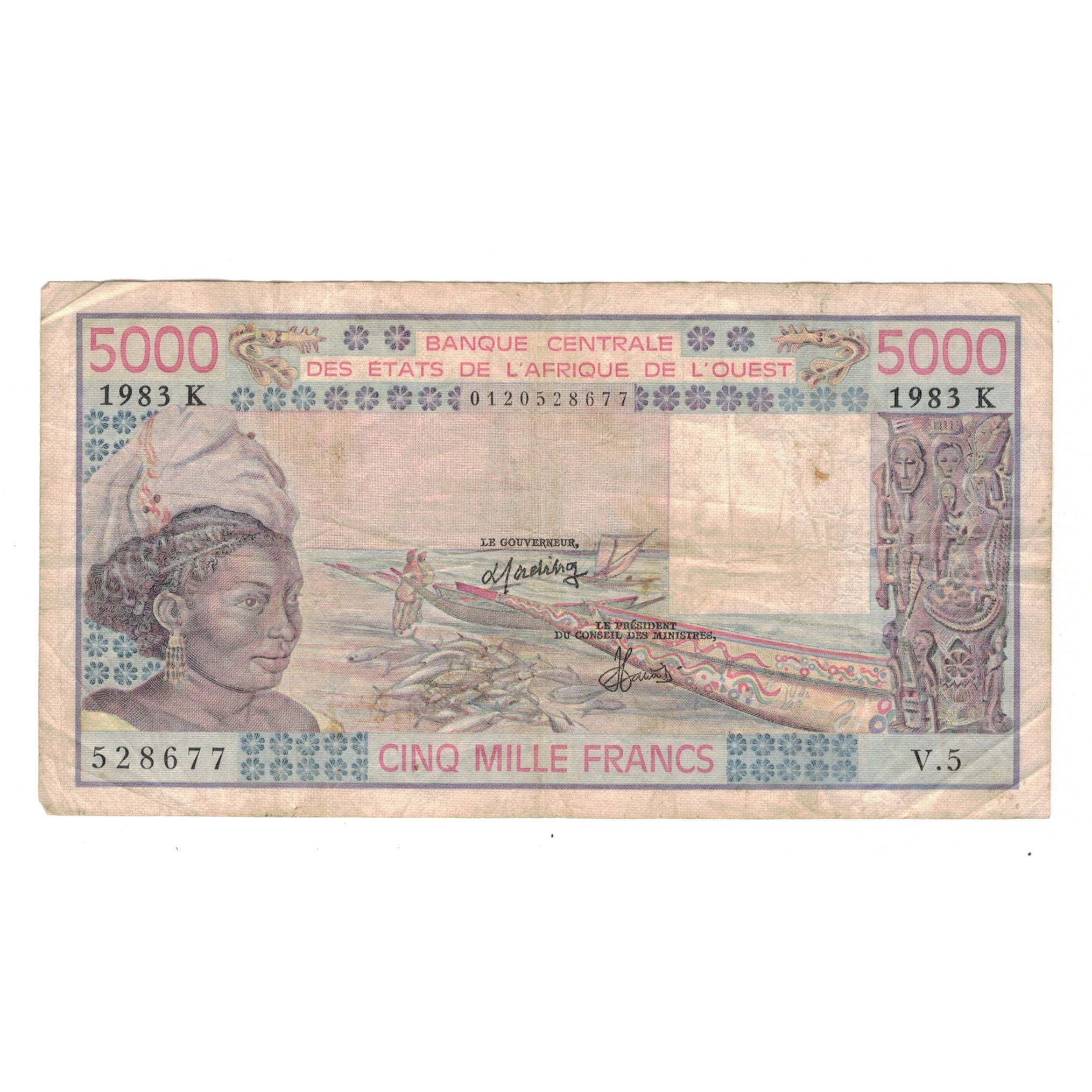 Banknote, West African States, 5000 Francs, 1983, KM:708Kh, VF(20-25)