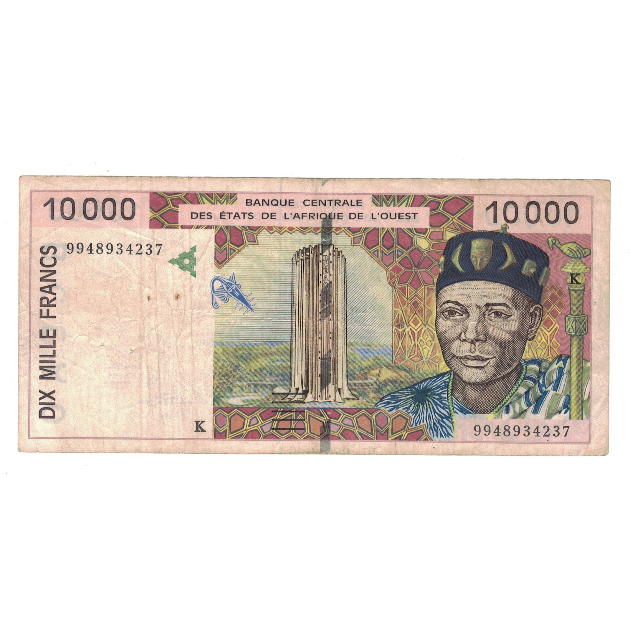 Banknote, West African States, 10,000 Francs, 1999, KM:714Kh, VF(30-35)