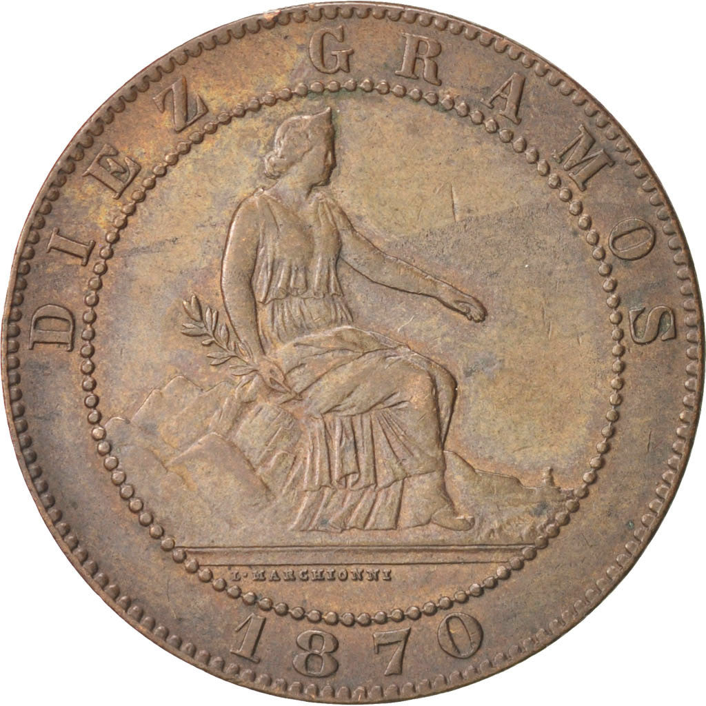 Moneda, España, Provisional Government, 10 Centimos, 1870, EBC, Cobre, KM:663