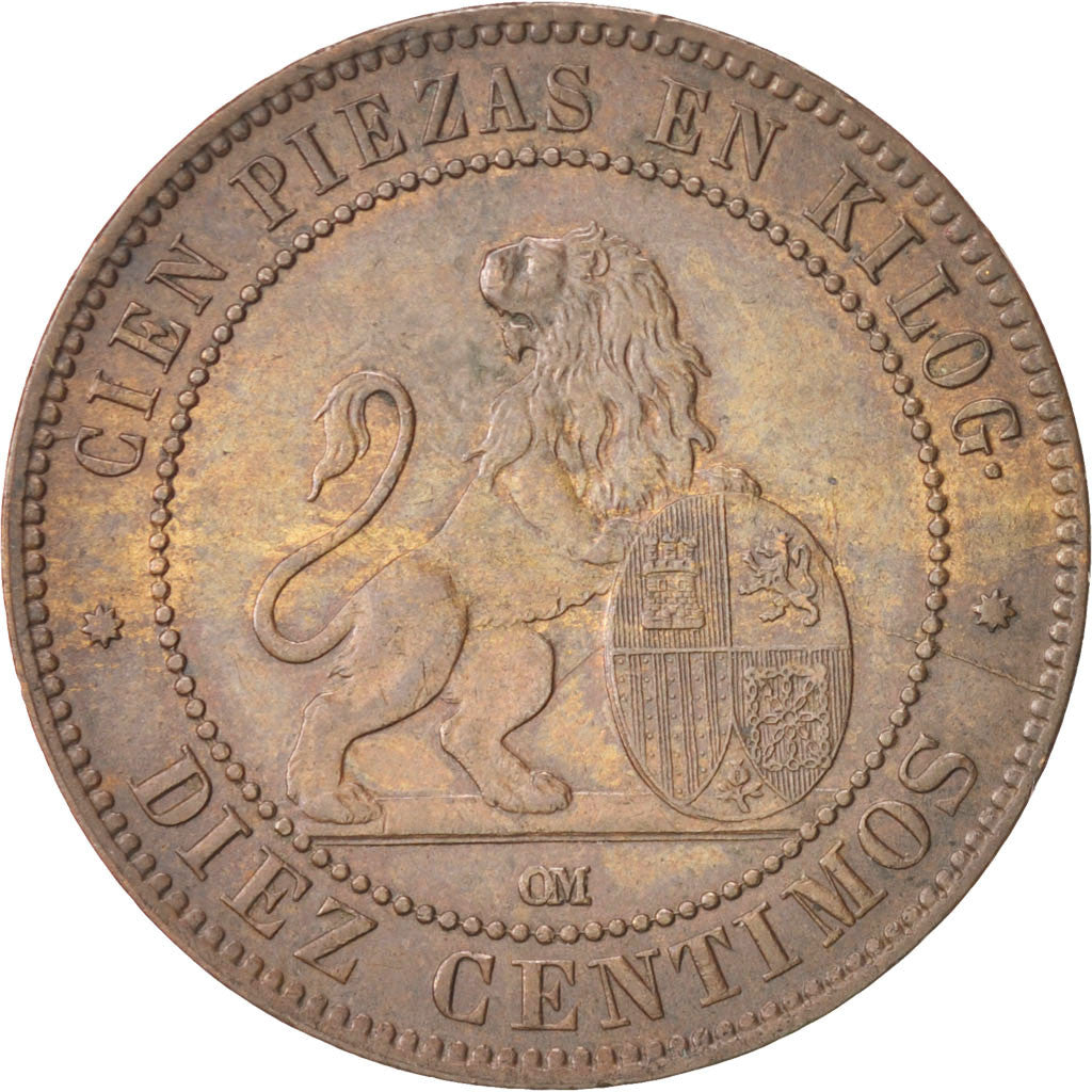 Moneda, España, Provisional Government, 10 Centimos, 1870, EBC, Cobre, KM:663