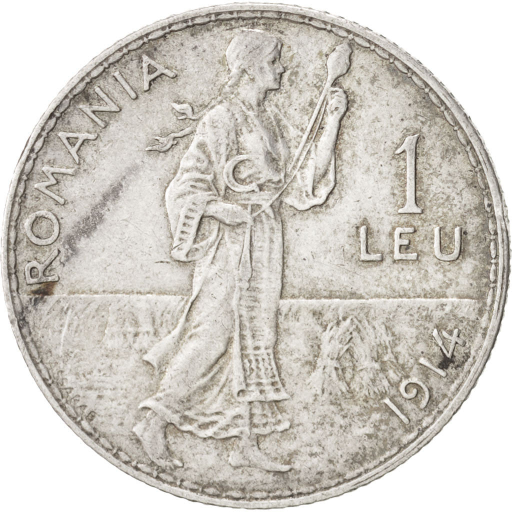 ROMANIA, Leu, 1914, KM #42, AU(50-53), Silver, 23, 5.00
