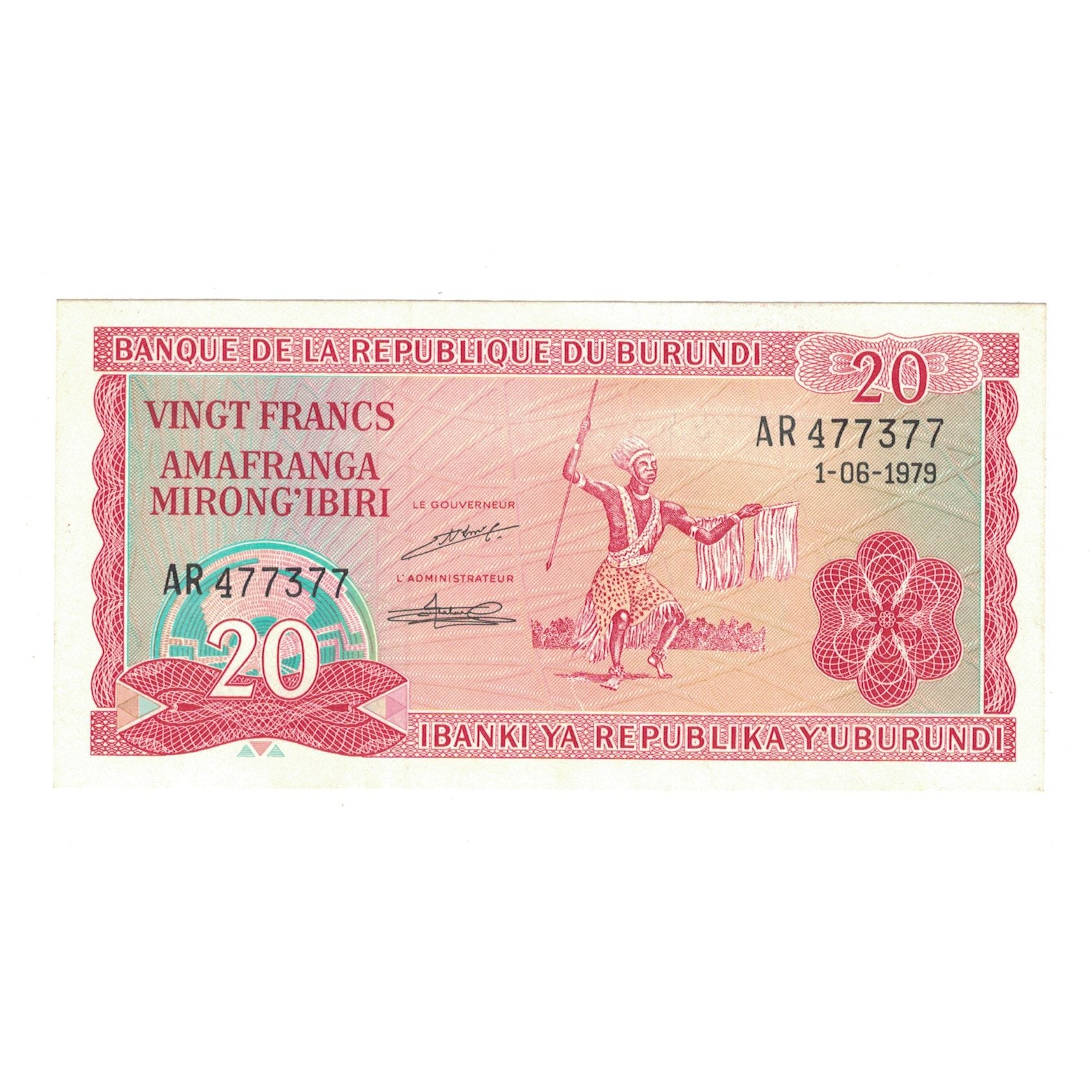 Banknote, Burundi, 20 Francs, 1979, 1979-06-01, KM:27A, AU(55-58)