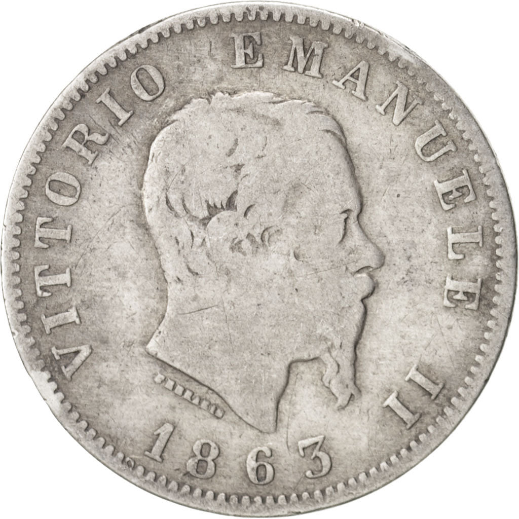 ITALY, Lira, 1863, Milan, KM #5a.1, VF(20-25), Silver, 23.1, 4.74