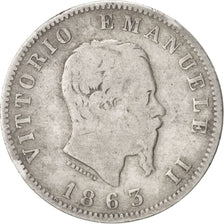 ITALY, Lira, 1863, Milan, KM #5a.1, VF(20-25), Silver, 23.1, 4.74
