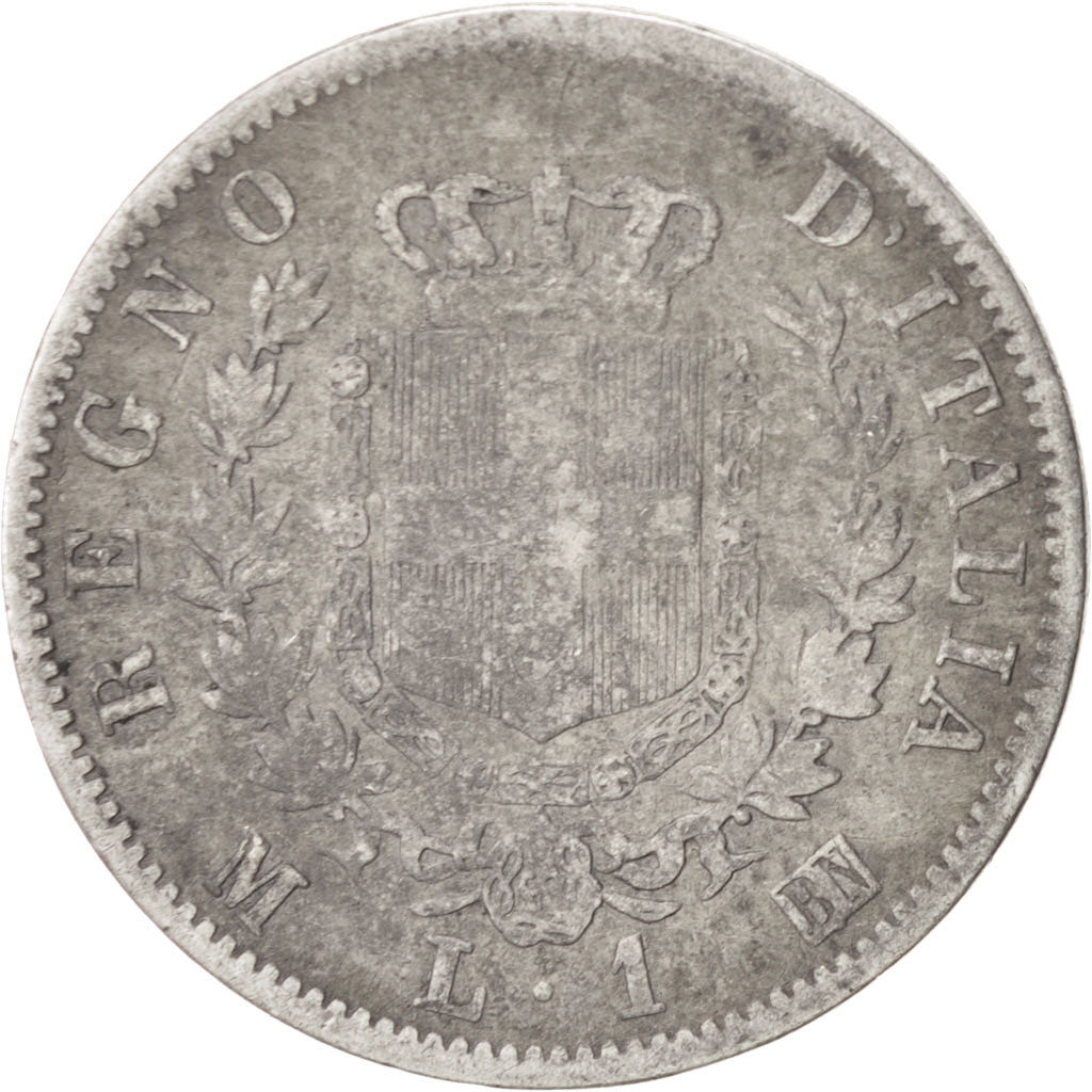 ITALY, Lira, 1863, Milan, KM #5a.1, VF(20-25), Silver, 23.1, 4.74