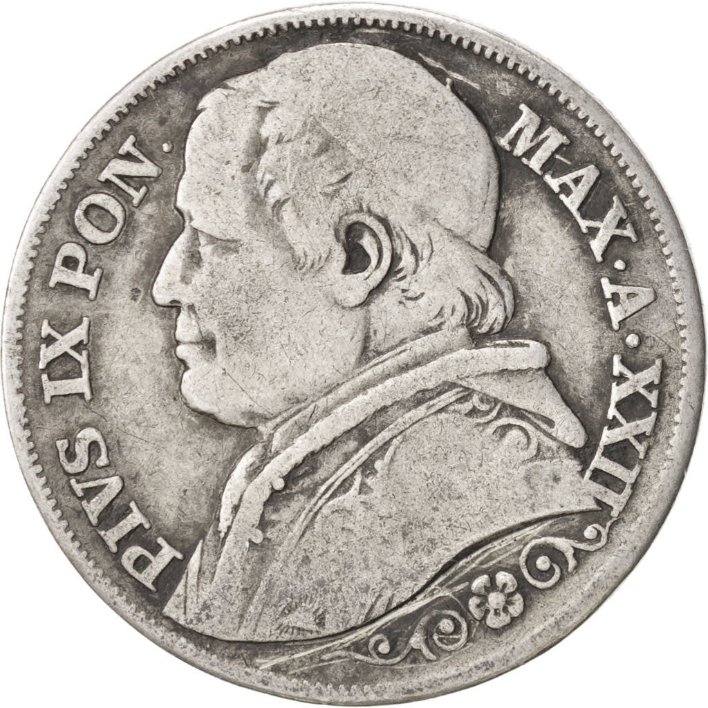 ITALIAN STATES, 2 Lire, 1867, Roma, KM #1379.2, VF(20-25), Silver, 9.61