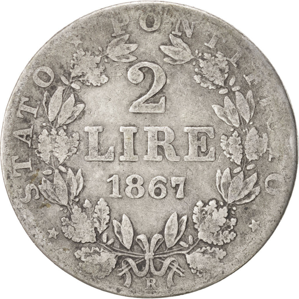 ITALIAN STATES, 2 Lire, 1867, Roma, KM #1379.2, VF(20-25), Silver, 9.61