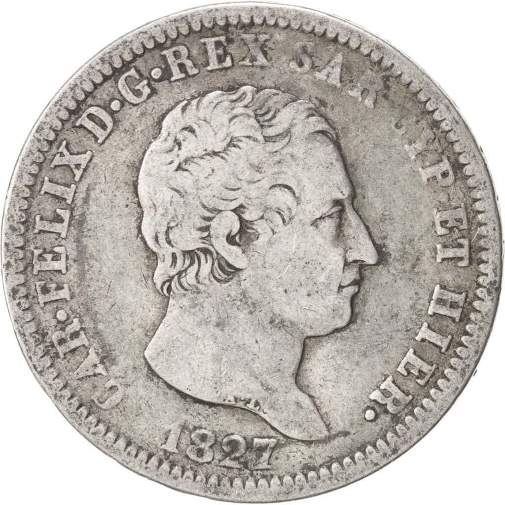 STATI ITALIANI, SARDINIA, Carlo Felice, 2 Lire, 1827, Torino, MB, Argento, KM...