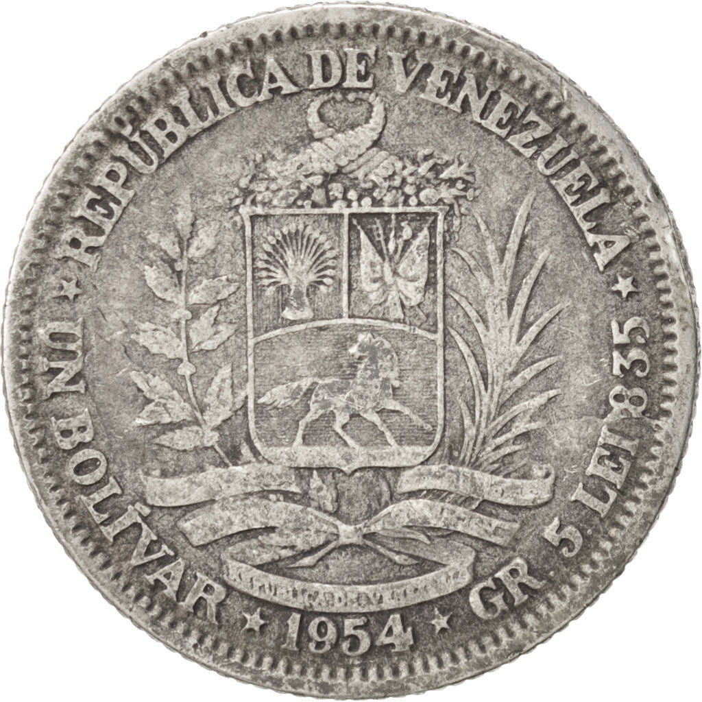 VENEZUELA, Bolivar, 1954, Philadelphia, KM #37, VF(30-35), Silver, 23, 4.87