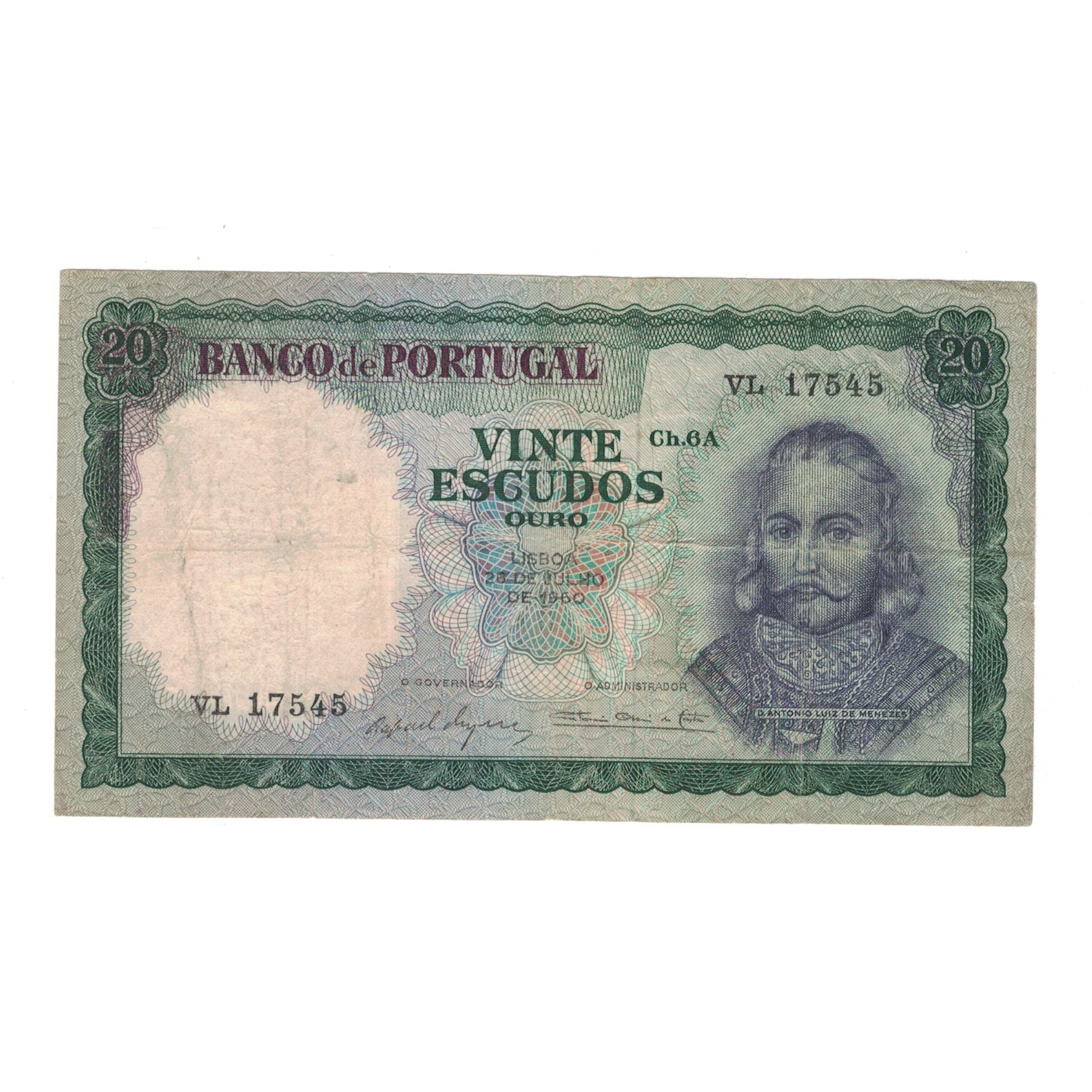 Banknote, Portugal, 20 Escudos, 1960, 1960-07-26, KM:163a, VF(30-35)