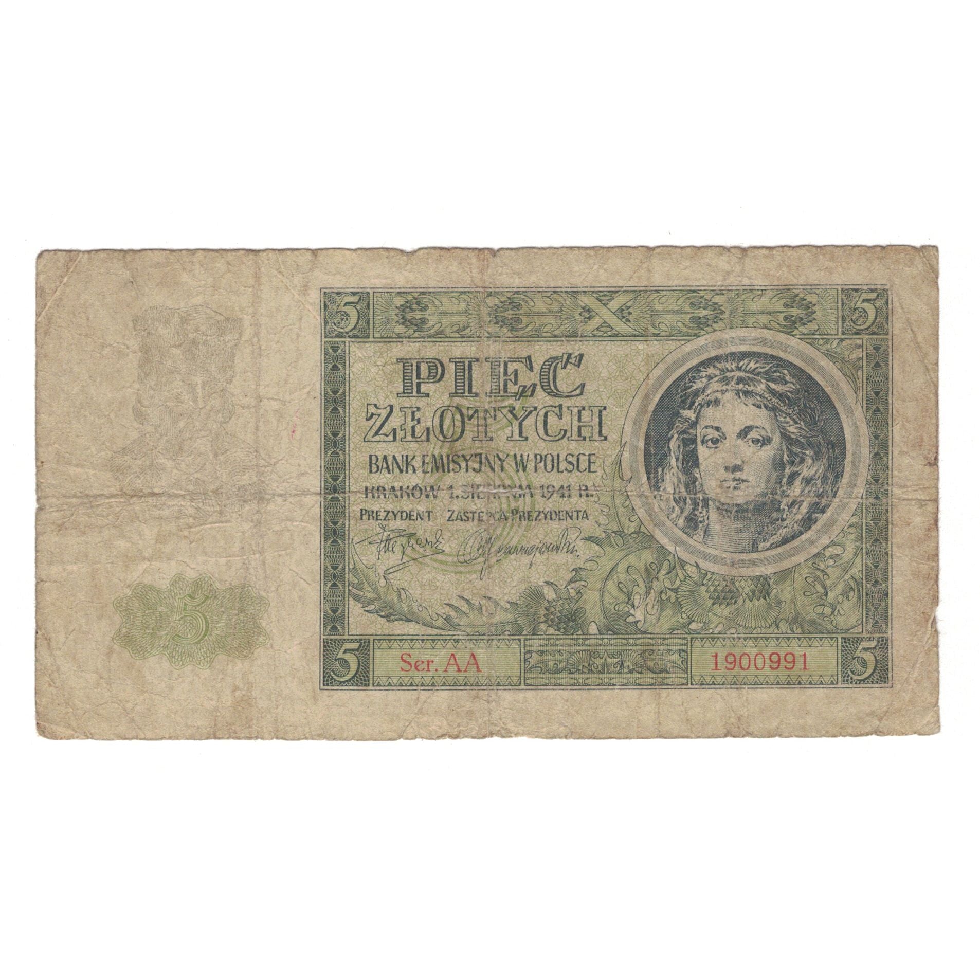 Banknote, Poland, 5 Zlotych, 1941, 1941-08-01, KM:101, VG(8-10)