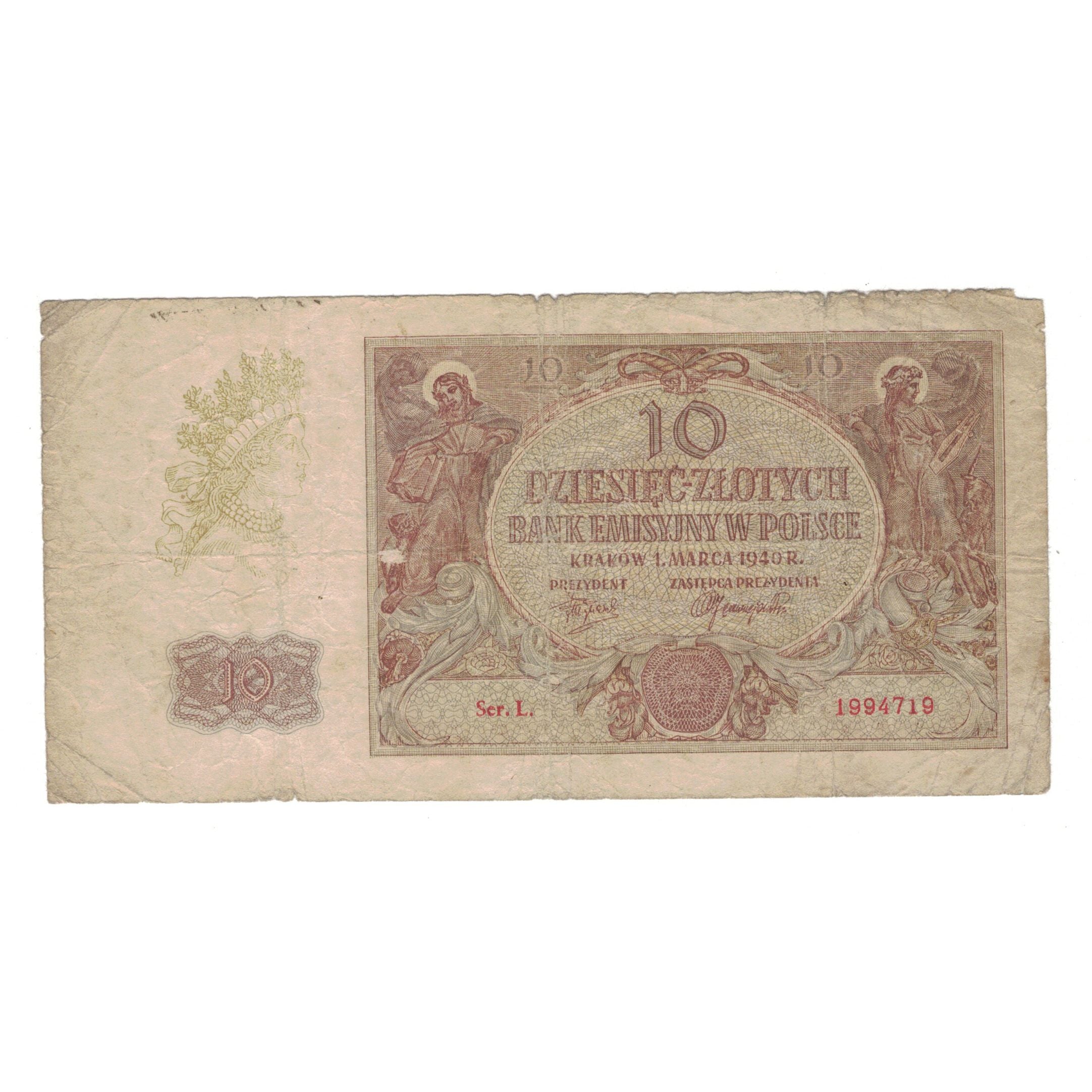 Geldschein, Polen, 10 Zlotych, 1940, 1940-03-01, KM:94, S