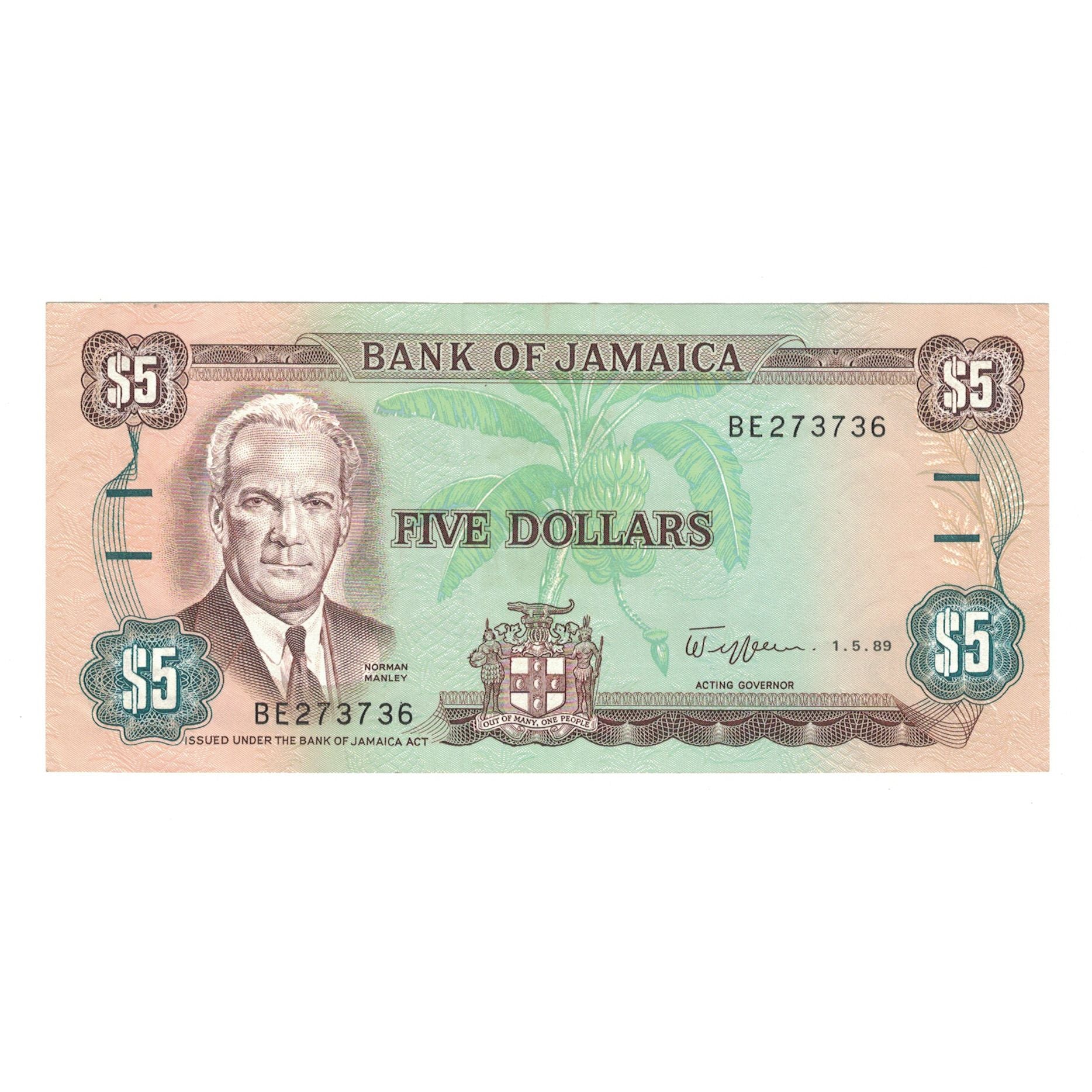Banknote, Jamaica, 5 Dollars, 1989, 1989-05-01, KM:70c, UNC(63)