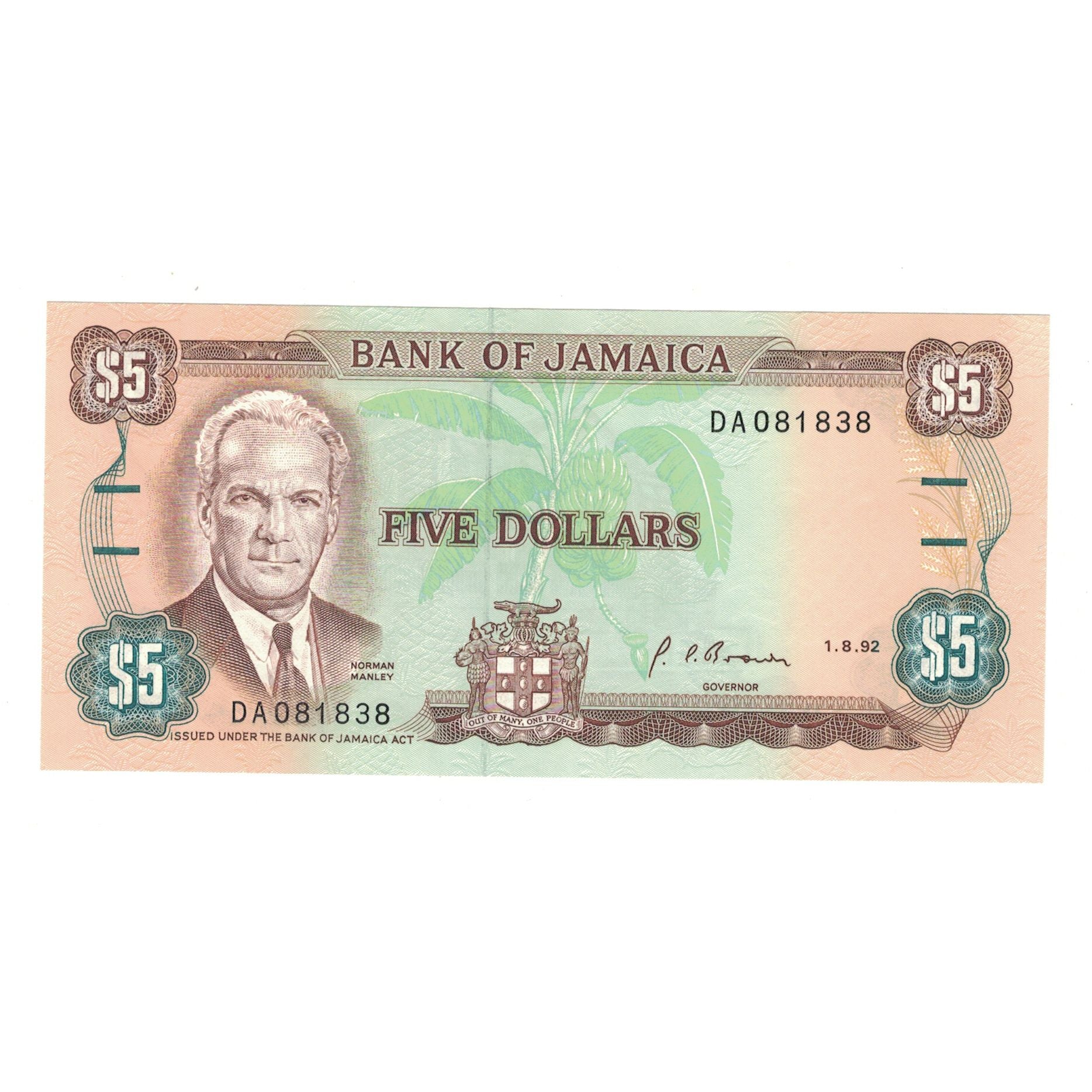 Banknote, Jamaica, 5 Dollars, 1992, 1992-08-01, KM:70d, UNC(65-70)