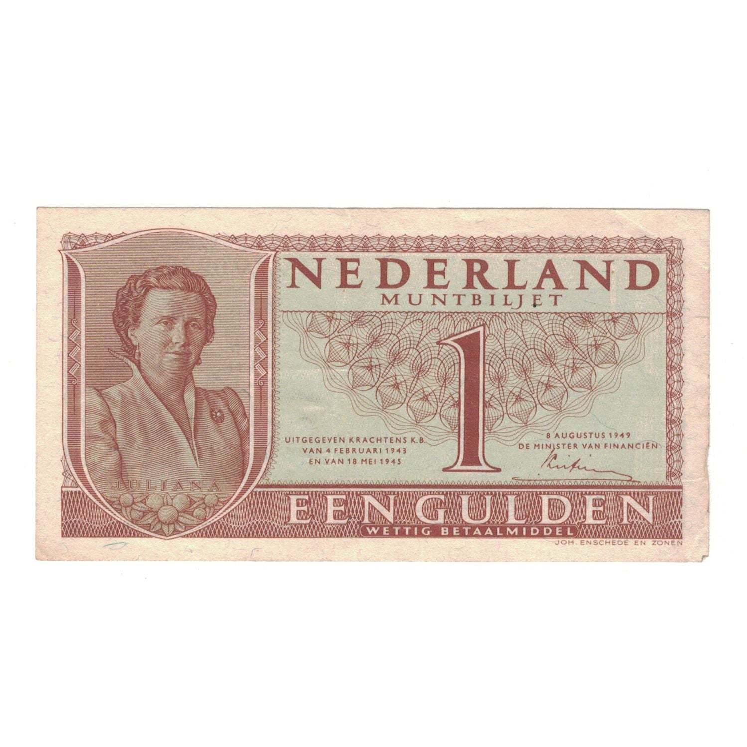 Banknote, Netherlands, 1 Gulden, 1945, 1943-02-04, KM:64a, EF(40-45)