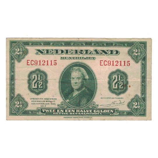 Banknote, Netherlands, 2 1/2 Gulden, 1943, 1943-02-04, KM:65a, VF(30-35)