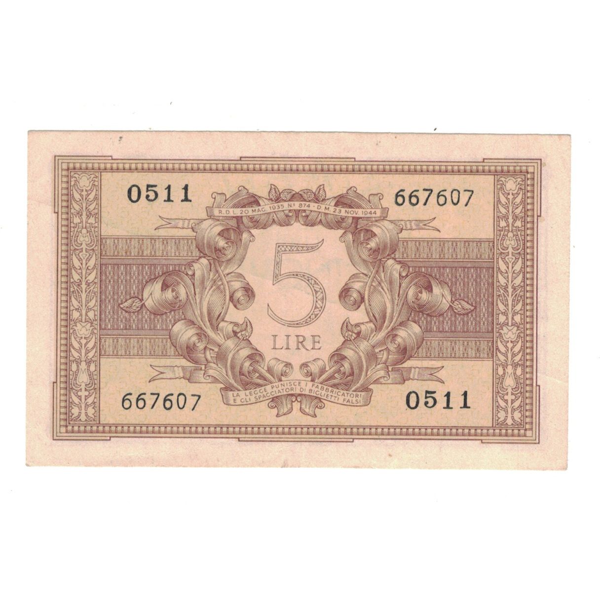 Banknote, Italy, 5 Lire, 1944, 1944-11-23, KM:31b, EF(40-45)