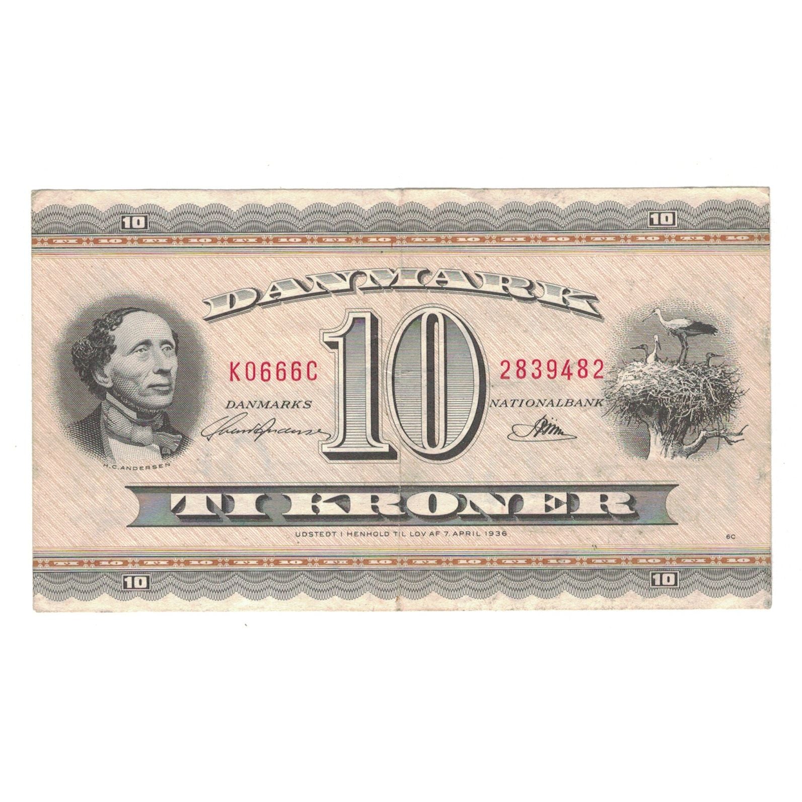 Banknote, Denmark, 10 Kroner, 1936, 1936-04-07, KM:44u, EF(40-45)
