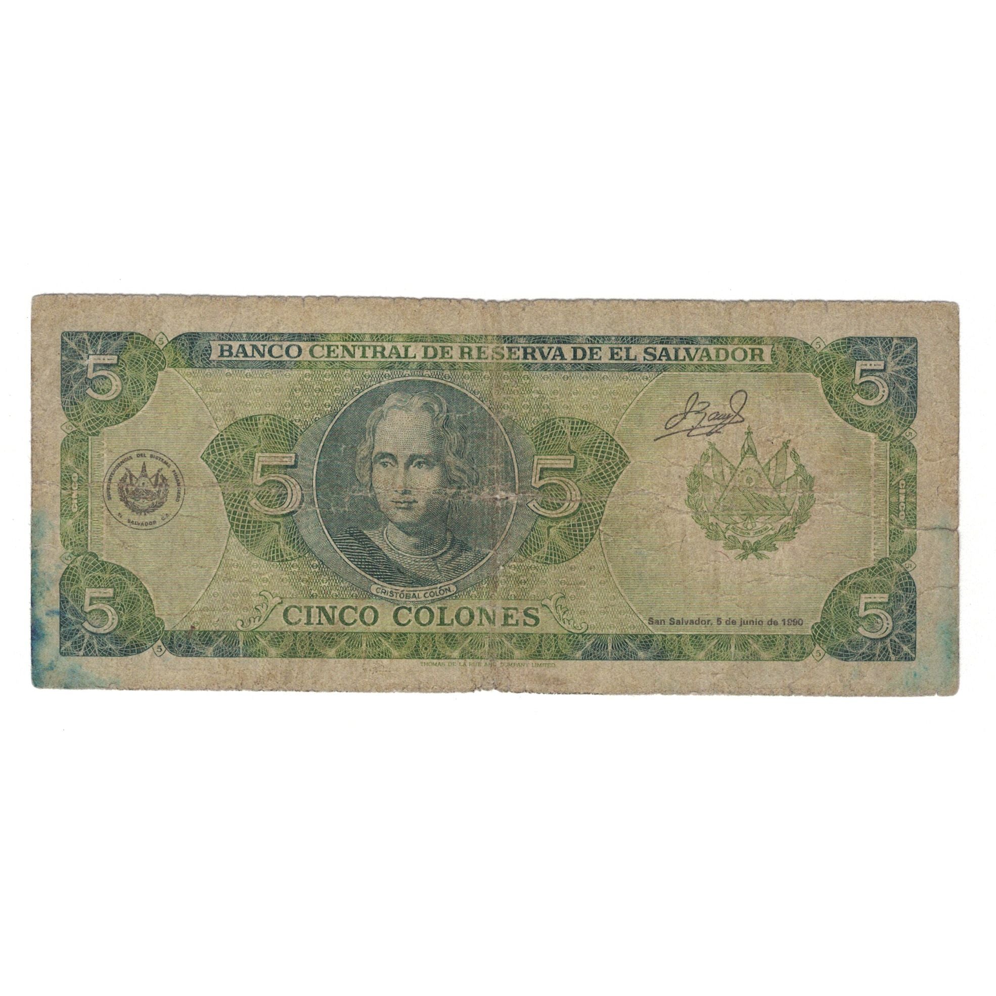 Banknote, El Salvador, 5 Colones, 1990, 1990-05-16, KM:138a, VG(8-10)