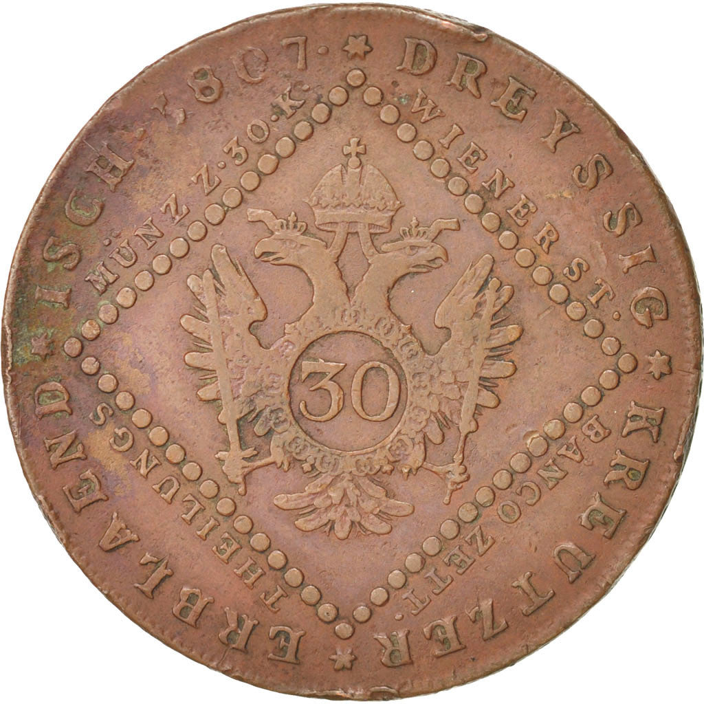 Austria, 30 Kreuzer, 1807, Vienna, KM:2149, EF(40-45), Copper, 37.5