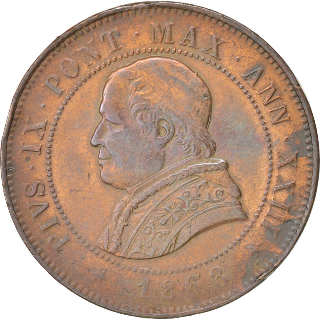 ITALIAN STATES, 4 Soldi, 20 Centesimi, 1868, Roma, KM:1374, EF(40-45), Copper...