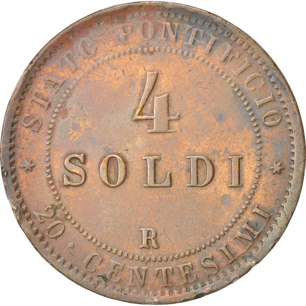 ITALIAN STATES, 4 Soldi, 20 Centesimi, 1868, Roma, KM:1374, EF(40-45), Copper...